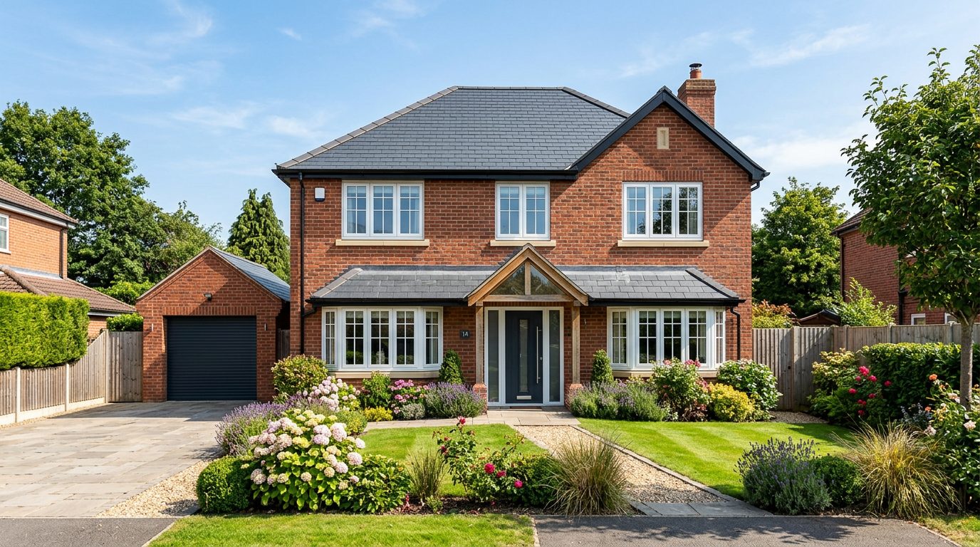 Red-brick detached house with a new tiled roof in the East Midlands